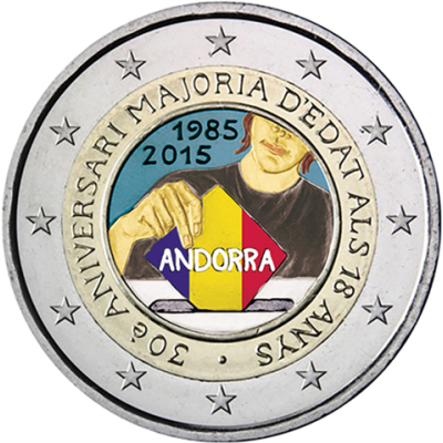Pièce de 2 euros d'Andorre de 2015 en couleur commémorant les 30 ans de la majorité légale à 18 ans