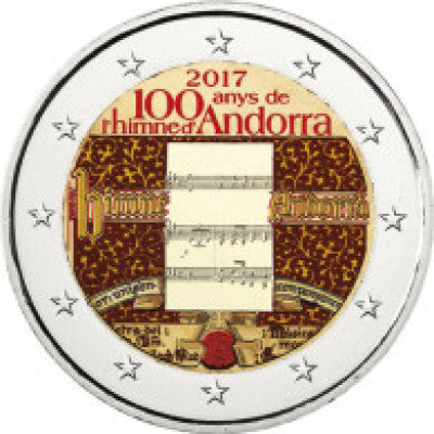 Pièce de 2 euros d'Andorre (2017) en couleur, commémorant le centenaire de l'hymne national.