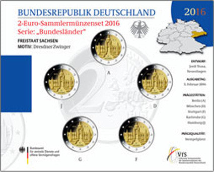 Allemagne 5 x 2 euros 2016 État neuf - Dresde Zwinger sous pochette