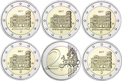 Allemagne 5 x 2 Euro 2017 Porta Nigra - Marques d'atelier A-D-F-G-J