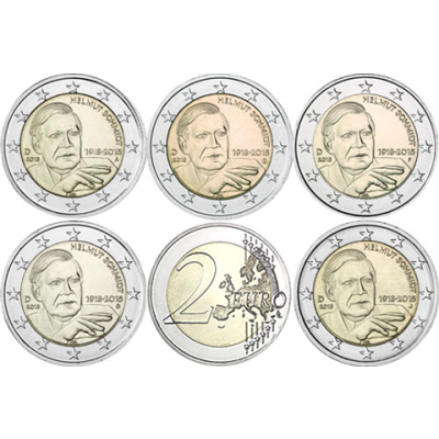 Allemagne 5 x 2 euros 2018 - Helmut Schmidt - Marques d'atelier ADFGJ