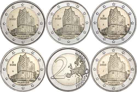 Allemagne 5 x 2 Euro 2023 Elbphilharmonie Hambourg - ADFGJ