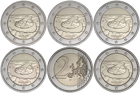 Allemagne 5 x 2 Euro 2025 Sarre - Boucle de la Sarre Mzz. ADFGJ