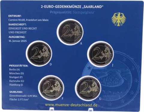 Allemagne 5 x 2 Euro 2025 Stgl. Sarre - Saarschleife Ensemble complet dans un dossier