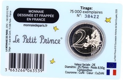 France 2 Euro 2026 – 80 ans du « Petit Prince » - Carte à collectionner Avion - Bleu clair