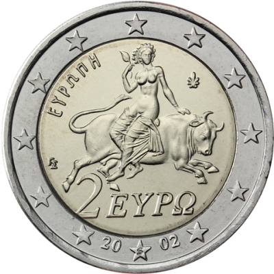 Grèce 2 euros 2002 Europe sur le taureau - Marque d'atelier S