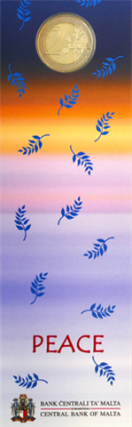 Pièce commémorative de 2 euros de Malte (2017), symbole de la paix, avec marque d'atelier « Corne d'abondance », sous étui.