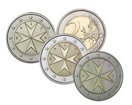 Pièces de circulation de Malte (3 x 2 euros), années : 2014, 2015 et 2016, croix de Malte