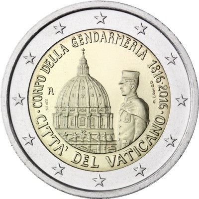 Pièce de 2 euros Vatican 2016, qualité Belle Épreuve, commémorant le 200e anniversaire du Corps de Gendarmerie, sous capsule.