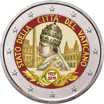 Pièce de 2 euros du Vatican, commémorant le 90e anniversaire de la fondation de l'État de la Cité du Vatican en 2019 (en couleur).