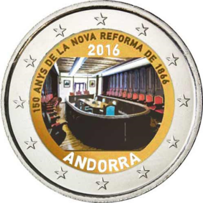 Pièce de 2 euros d'Andorre 2016, couleur, commémorant les 150 ans de la Nouvelle Réforme de 1866