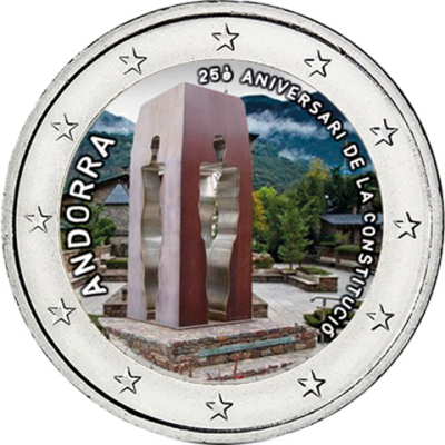 Pièce de 2 euros d'Andorre 2018, couleur, commémorant les 25 ans de la Constitution