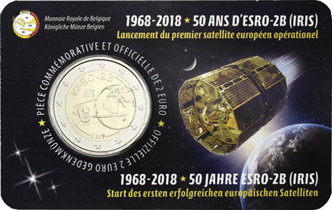 Belgique 2 Euros 2018 Carte de pièce Satellite de recherche ESRO-2B