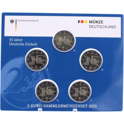 Pièces de 2 euros allemandes, non circulées, 2025, Unité allemande, marques d'atelier A-D-F-G-J