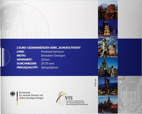 Allemagne 5 x 2 Euro 2016 PP - Saxe - Dresde Zwinger dans le dossier