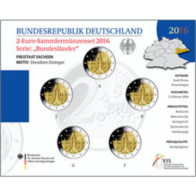 Allemagne 5 x 2 euros 2016 État neuf - Dresde Zwinger sous pochette