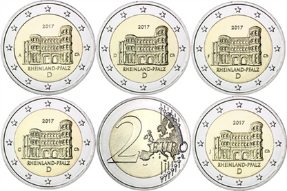 Allemagne 5 x 2 Euro 2017 Porta Nigra - Marques d'atelier A-D-F-G-J