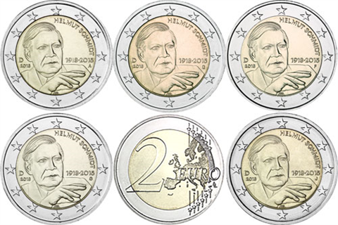 Allemagne 5 x 2 euros 2018 - Helmut Schmidt - Marques d'atelier ADFGJ