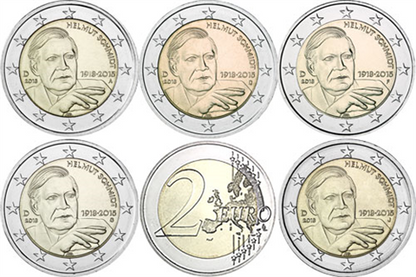 Allemagne 5 x 2 euros 2018 - Helmut Schmidt - Marques d'atelier ADFGJ