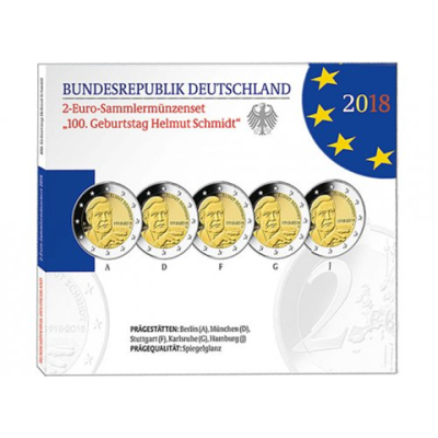 Allemagne 5 x 2 euros 2018 Pièce de monnaie Belle Épreuve - Helmut Schmidt sous pochette