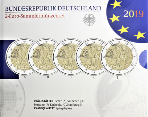 Allemagne 5 x 2 Euro 2019 PP - 30 ans de la chute du mur de Berlin dans un dossier