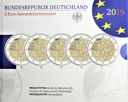 Allemagne 5 x 2 Euro 2019 PP - 30 ans de la chute du mur de Berlin dans un dossier