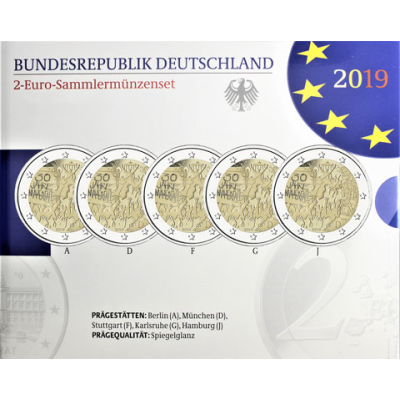 Allemagne 5 x 2 Euro 2019 PP - 30 ans de la chute du mur de Berlin dans un dossier