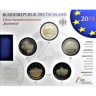Allemagne, lot de 5 pièces de 2 euros 2019, état neuf – Conseil fédéral – ADFGJ, dans son dossier