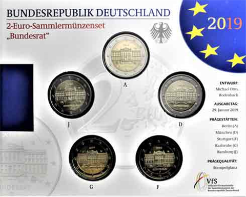 Allemagne, lot de 5 pièces de 2 euros 2019, état neuf – Conseil fédéral – ADFGJ, dans son dossier