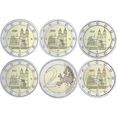 Allemagne 5 x 2 euros 2021 – Cathédrale de Magdebourg – Marque d'atelier ADFGJ