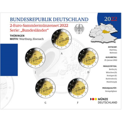 Allemagne 5 x 2 Euro 2022 Monnaies d'État de la Monnaie – Wartburg Eisenach dans un dossier