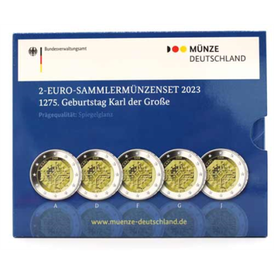 Allemagne 5 x 2 Euro 2023 Charlemagne PP Série complète Monnaies A – J