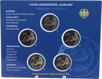 Allemagne 5 x 2 Euro 2025 Stgl. Sarre - Saarschleife Ensemble complet dans un dossier