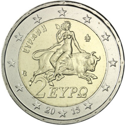 Grèce 2 Euro 2015 (unité). L'Europe sur le taureau