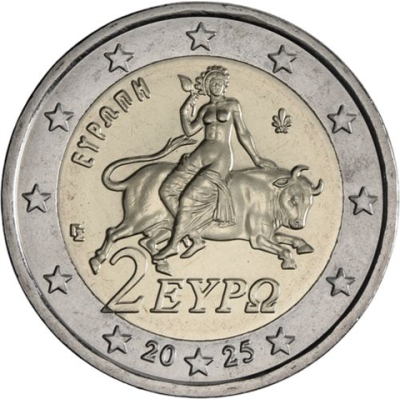 Grèce 2 euros 2025 - Pièce de monnaie en circulation - Europe sur le taureau