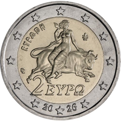 Grèce 2 euros 2026, pièce de 2 euros en état neuf - L'Europe sur le taureau