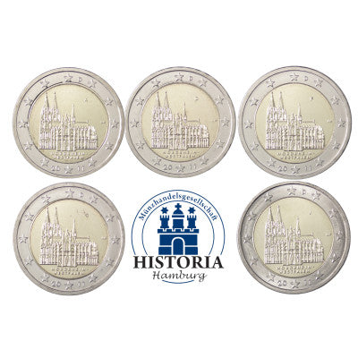 Série complète de pièces allemandes de 2 euros 2011 – Cathédrale de Cologne – Marques d'atelier A, D, F, G et J