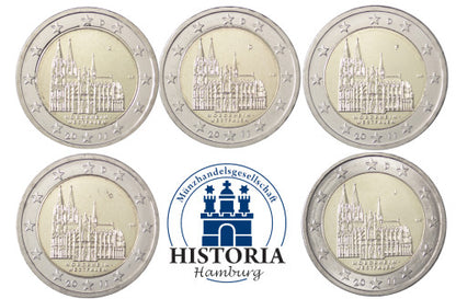 Série complète de pièces allemandes de 2 euros 2011 – Cathédrale de Cologne – Marques d'atelier A, D, F, G et J