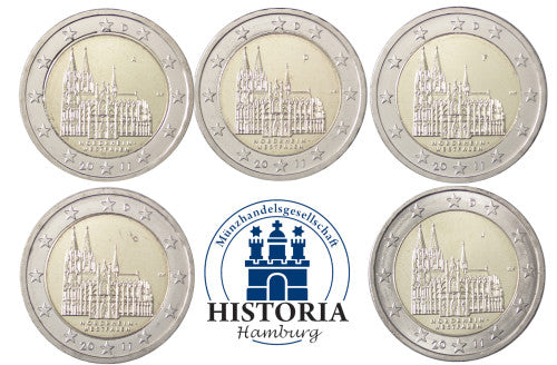 Série complète de pièces allemandes de 2 euros 2011 – Cathédrale de Cologne – Marques d'atelier A, D, F, G et J