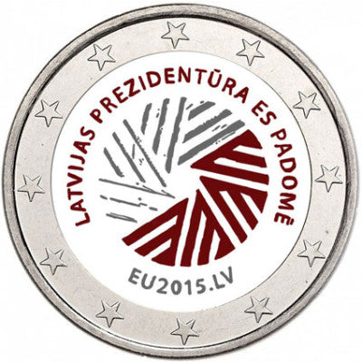 Lettonie 2 Euro 2015 bfr. Présidence du Conseil de l'UE en couleur