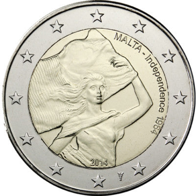 Pièce de 2 euros de Malte, commémorant l'indépendance en 2014, avec la marque du maître de la Monnaie