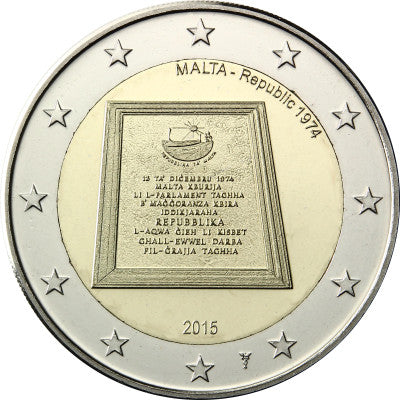 Malte 2 euros 2015, qualité Belle Épreuve. République parlementaire depuis 1974, avec la marque du maître de la Monnaie.