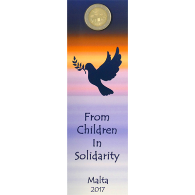 Pièce commémorative de 2 euros de Malte (2017), symbole de la paix, avec marque d'atelier « Corne d'abondance », sous étui.