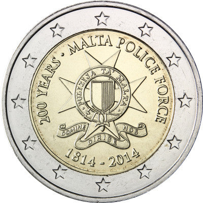 Pièce commémorative de 2 euros de Malte, 2014, commémorant les 200 ans de la police maltaise.