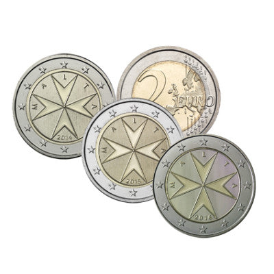 Pièces de circulation de Malte (3 x 2 euros), années : 2014, 2015 et 2016, croix de Malte
