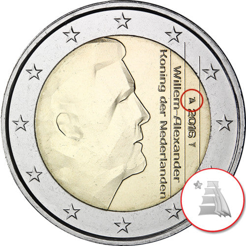 Pays-Bas, pièce de 2 euros 2016, à l'effigie du roi Willem-Alexander, avec marque d'atelier : voile et étoile.