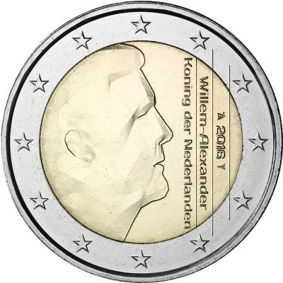 Pays-Bas, pièce de 2 euros 2016, à l'effigie du roi Willem-Alexander, avec marque d'atelier : voile et étoile.