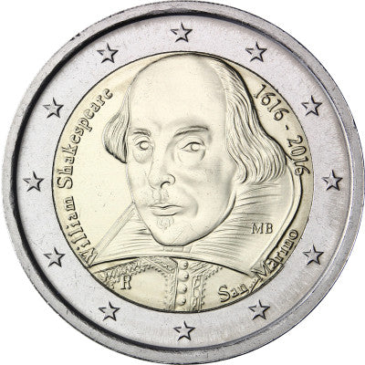 Carte commémorative de 2 euros de Saint-Marin 2016 pour le 400e anniversaire de la mort de Shakespeare.