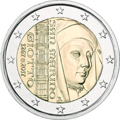 Carte commémorative de 2 euros de Saint-Marin (2017) célébrant le 750e anniversaire de la naissance de Giotto di Bondone.