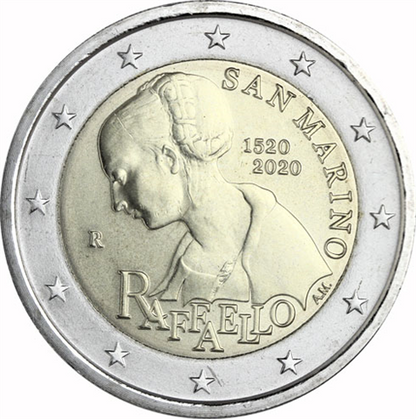 Carte commémorative de 2 euros de Saint-Marin (2020) commémorant le 500e anniversaire de la mort de Raphaël